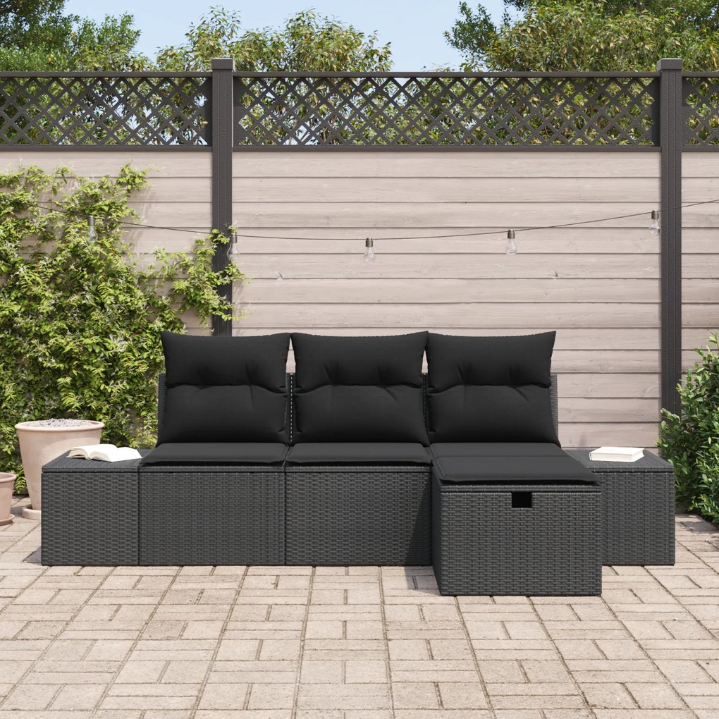 Conjunto de Sofás de Jardim de 4 Peças com Almofadas Preto Polirattan
