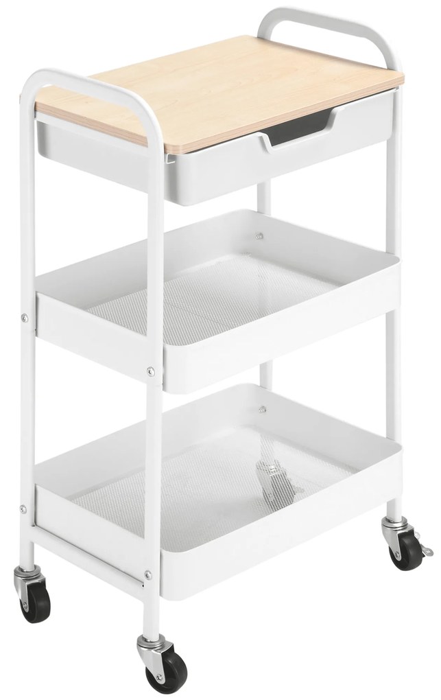 HOMCOM Carrinho de Cozinha com Rodas Carrinho de Armazenamento com Gaveta 2 Prateleiras 43,9x30,5x75,6cm Branco e Madeira Natural | Aosom Portugal