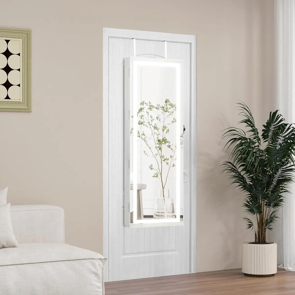 Armário para joias com iluminação LED e espelho de corpo inteiro Organizador de joias com fechadura 40 × 12,5 × 120 cm Branco