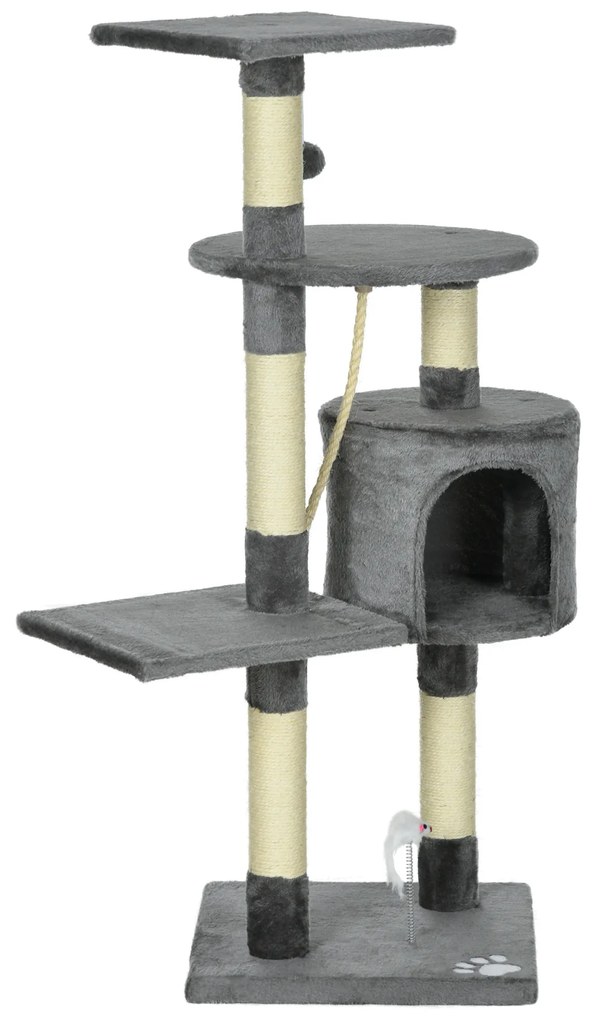 Arranhador para Gatos com 4 Níveis com Poste para Afiar as Garras Caverna Plataformas e Brinquedos 40x40x116 cm Cinzento Escuro