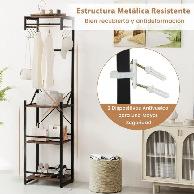 Cabide entrada com 4 prateleiras 40 x 30 x 162 cm, 6 ganchos e 3 barras de metal resistente para entrada, corredor ou quarto Castanho rústico + preto