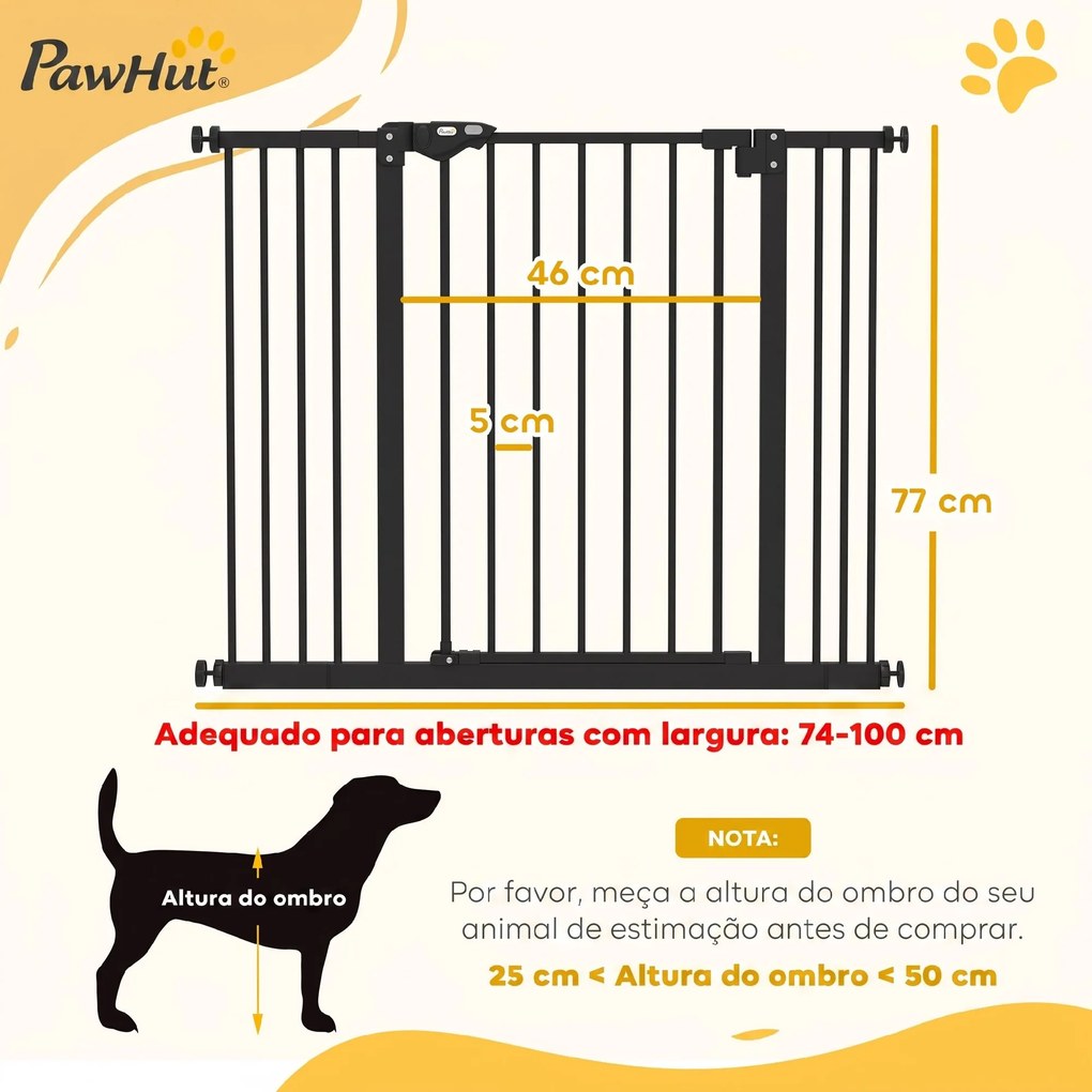 Barreira de Segurança para Cães 74-100 cm com Extensões, Montagem por Pressão e Duplo Bloqueio, Preto