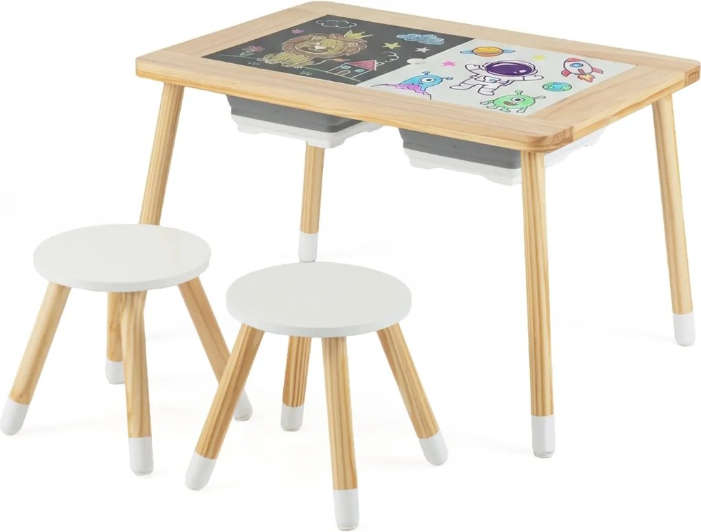 Mesa para crianças sensorial com bancos, superfícies duplas e caixas de armazenamento, natural e preto e branco