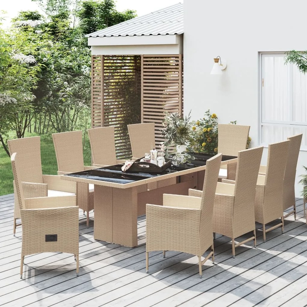 vidaXL 11 pcs conjunto de jantar p/ jardim com almofadões vime PE bege