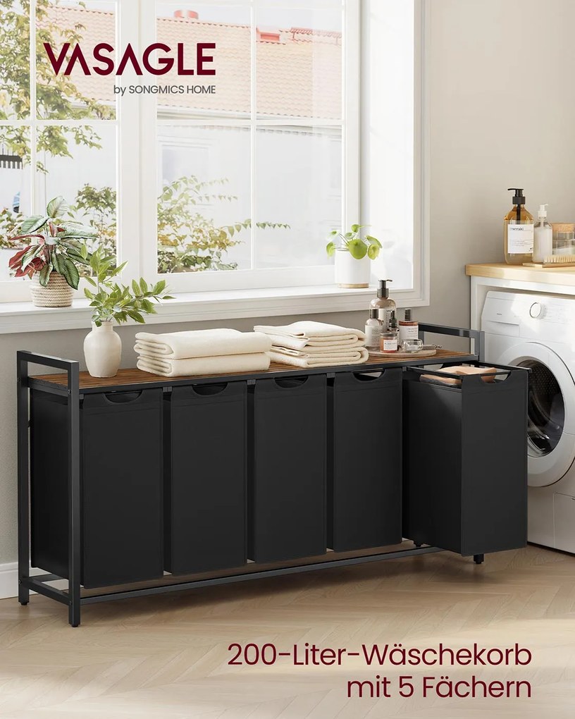 Cesto para roupa suja 143,5 x 33 x 72 cm com prateleira em tecido Oxford preto-castanho