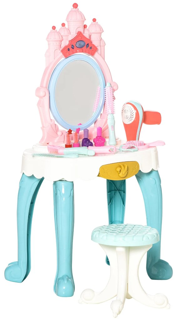HOMCOM Toucador Infantil com Banco Espelho com Luz Música Secador e 20 Acessórios Toucador de Maquilhagem para Crianças acima de 3 Anos 41x27x82cm Multicolor