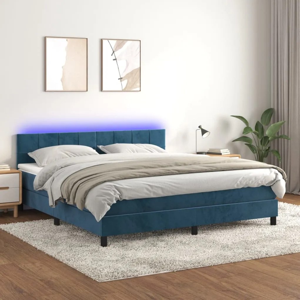 Cama box spring c/ colchão/LED 160x200 cm veludo azul-escuro