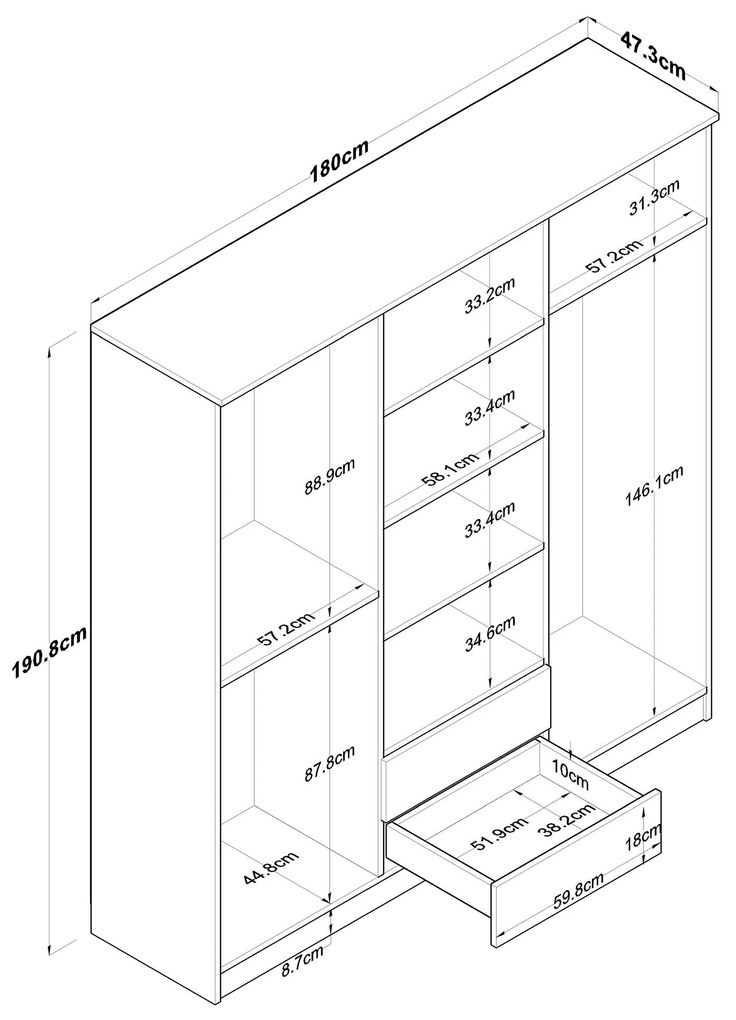 Roupeiro "Heimdall" - 6 Portas, 2 Gavetas - 180x190.8x47.3cm, Nogueira