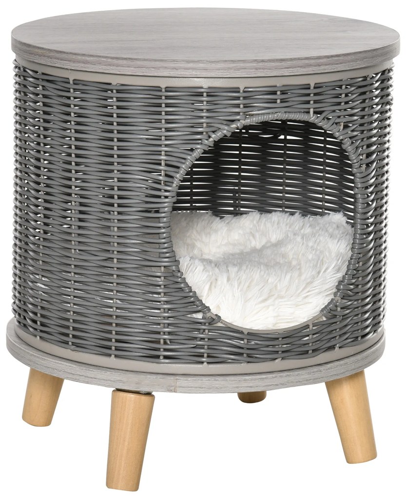 Caverna para Gatos de Vime Casa para Gatos Redonda com Tapete Lavável Pés de Madeira de Pinho Removíveis Ø36x40,5cm Cinza