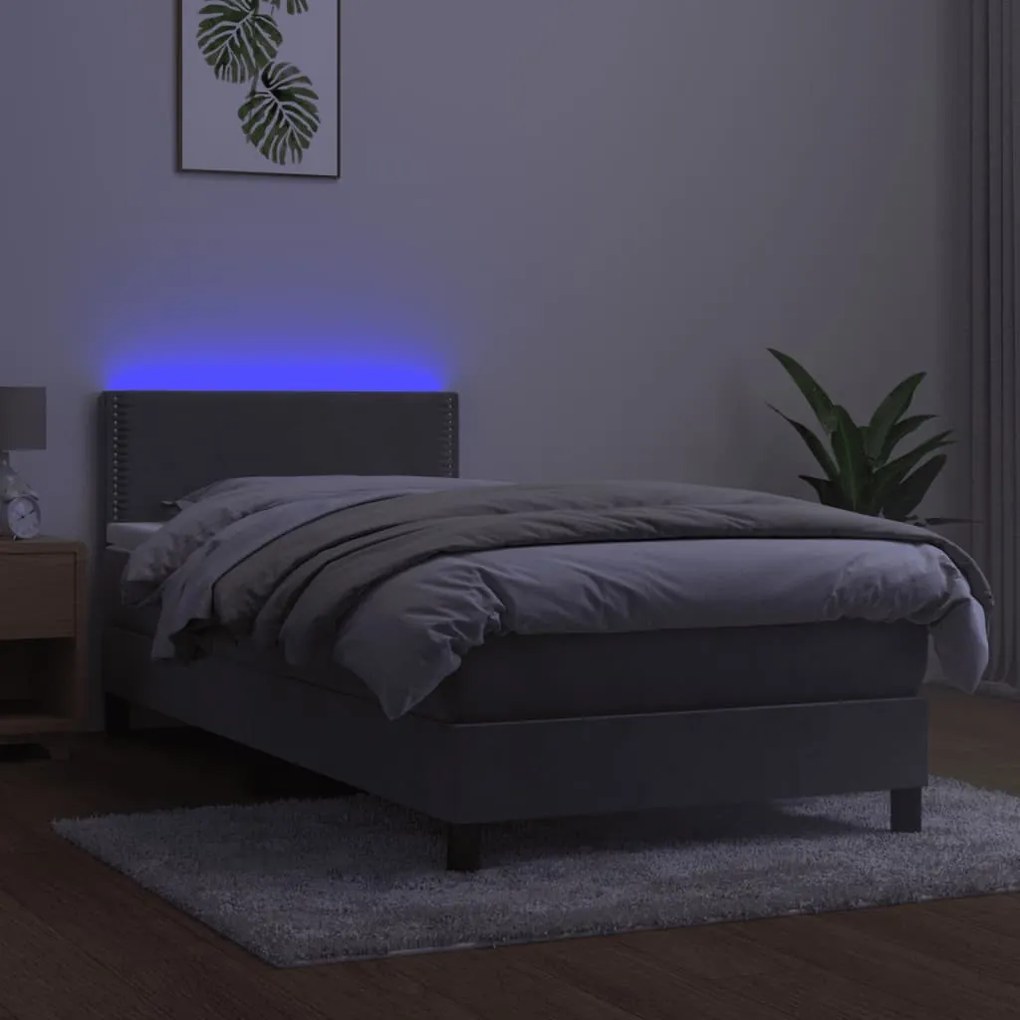 Cama box spring c/ colchão/LED 90x200 cm veludo cinzento-claro