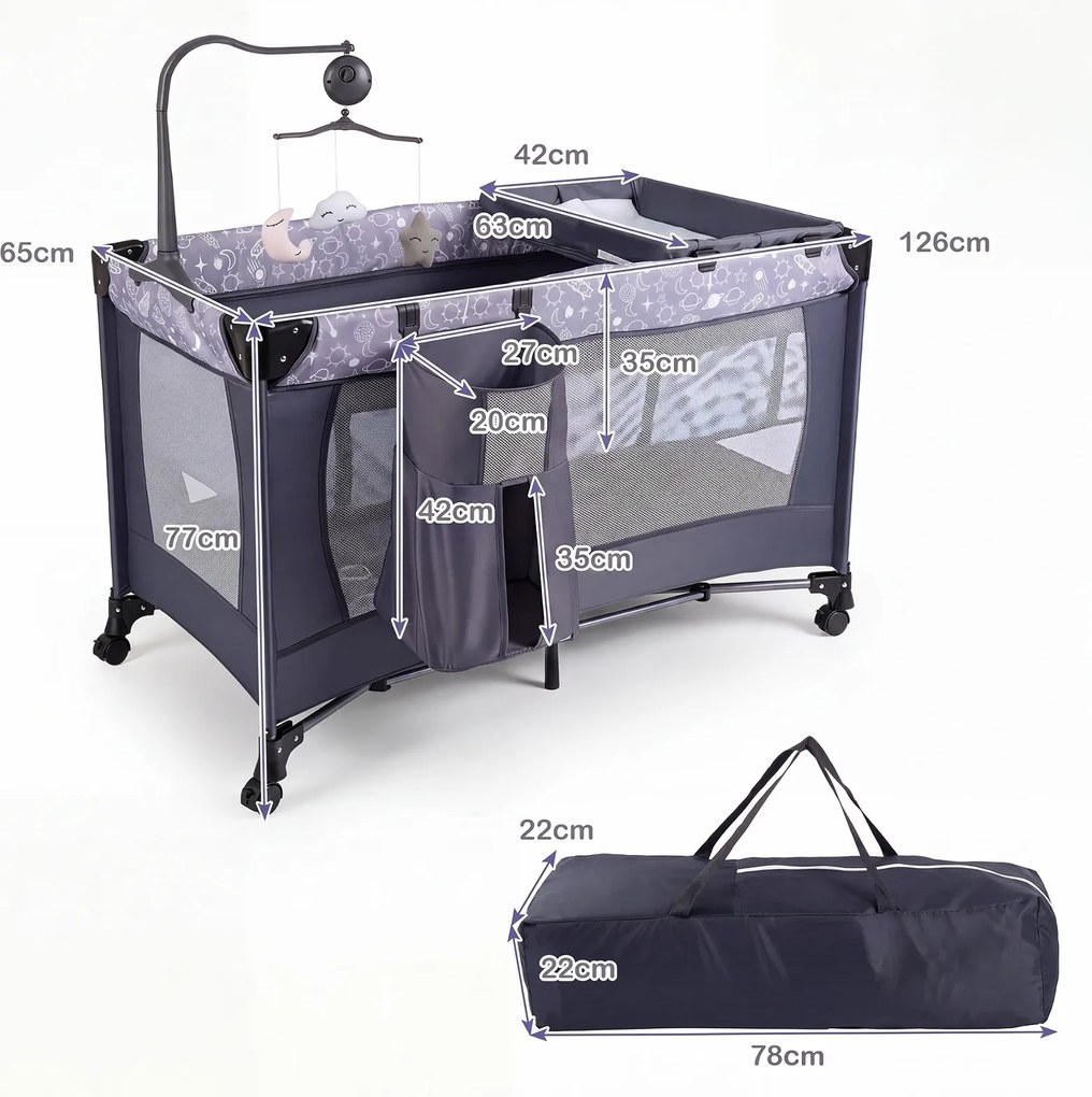 Cama de Viagem Dobrável para Bebé com Trocador, 126 x 65 x 77 cm, 4 Funções, Cinzento-escuro
