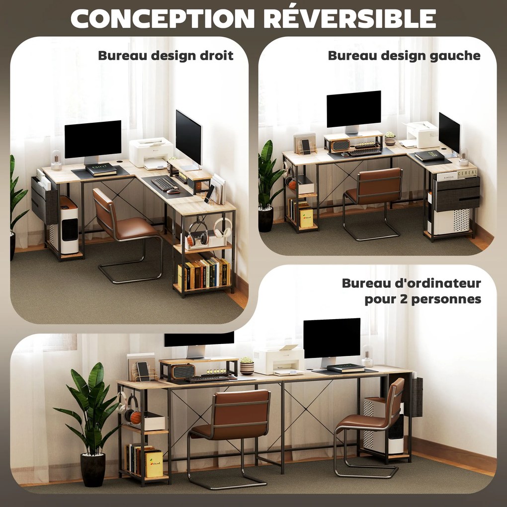 Secretária de canto modular e reversível, 168-240 cm, estilo industrial — prateleira ajustável, saco de arrumação, suporte para ecrã cor madeira natur