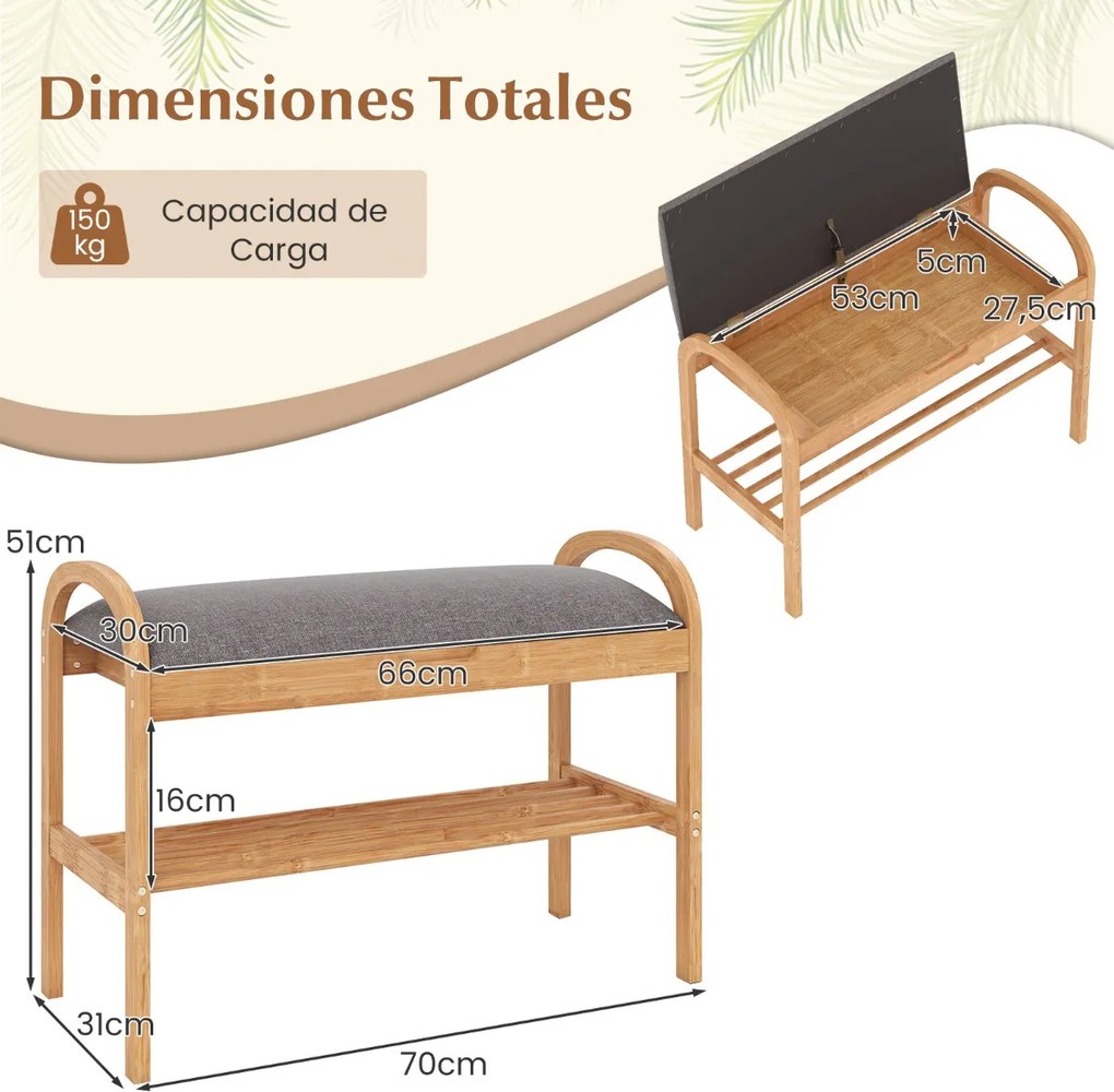 Banco para sapatos em bambu 70 x 31 x 51 cm com 2 níveis, almofada acolchoada e prateleira de arrumação para a entrada, corredor, sala de estar e quar