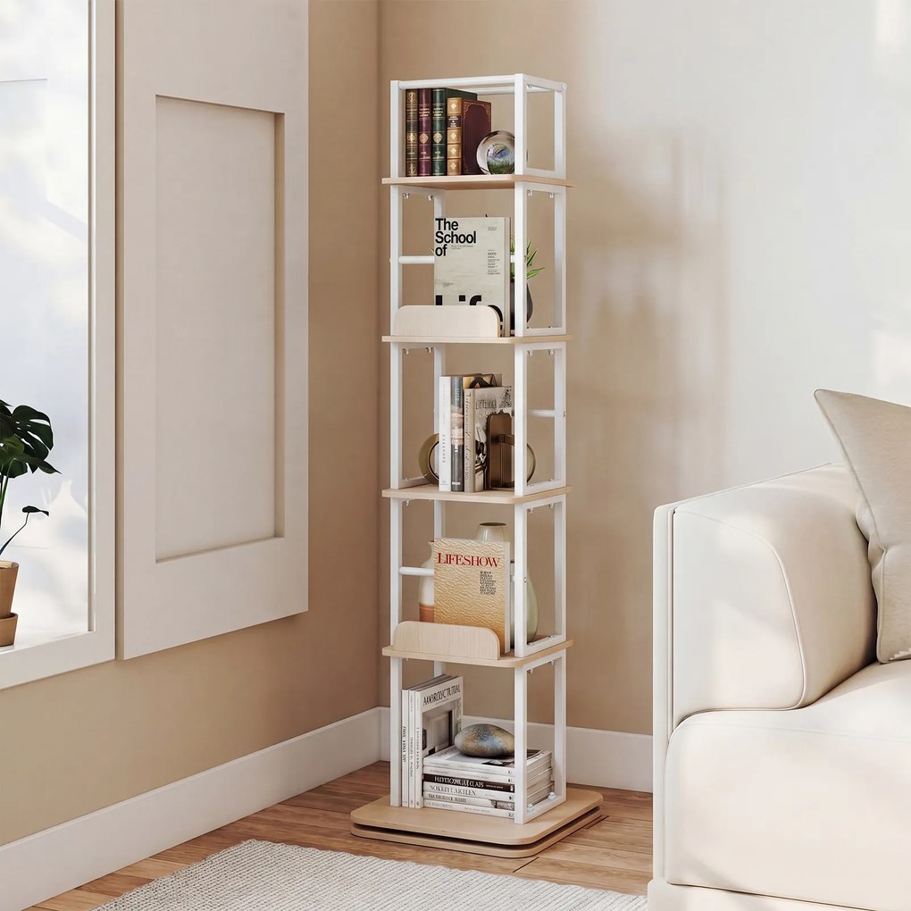 Estante Giratória para Livros de 5 Níveis, 40 x 40 x 148,5 cm, Rotação de 360°, Carvalho Branco