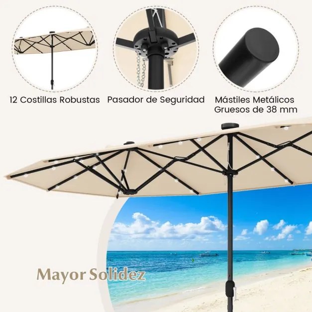 Guarda-sol de jardim Duplo 4 x 2 m com luzes solares, manivela com base Bege