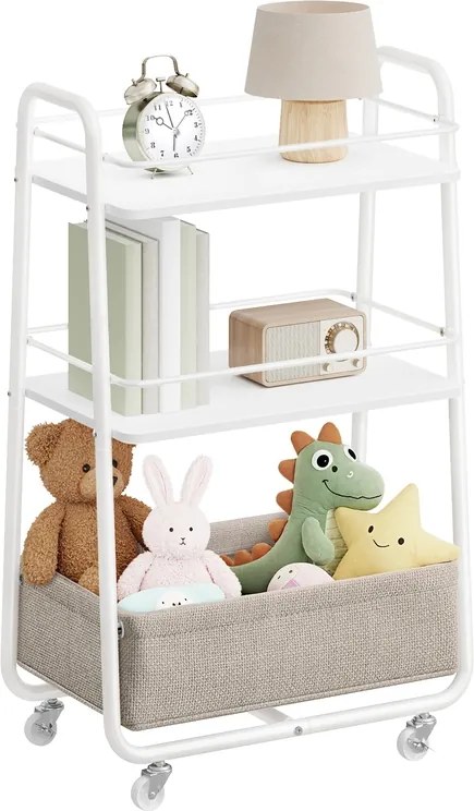 Carrinho multifuncional com 3 níveis e cesto de tecido 43 x 30 x 81 cm Branco-Castanho camelo
