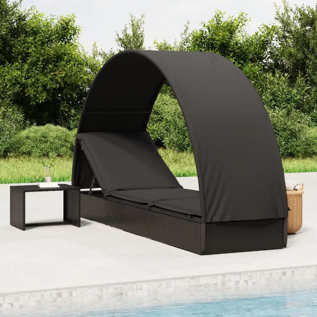 vidaXL Espreguiçadeira com teto redondo 211x57x140 cm vime PE preto