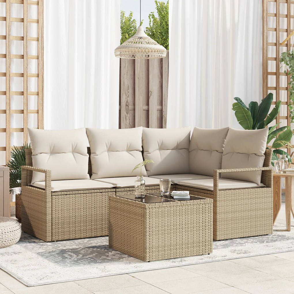 Conjunto de Sofá de Jardim vidaXL de 5 peças com Almofadas Vime Marrom de Poliéster