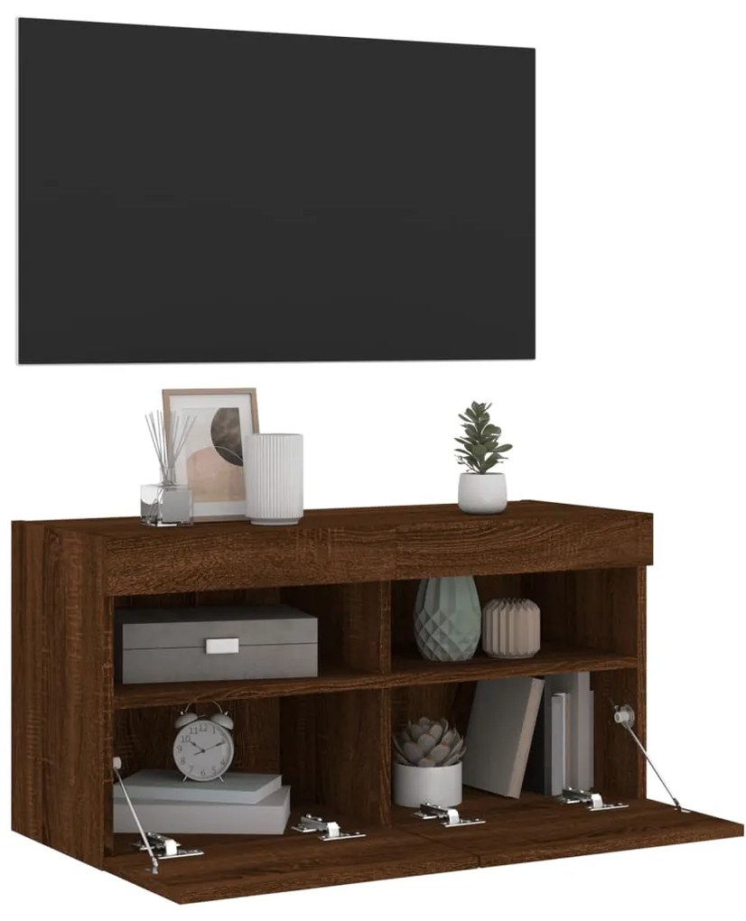 Móvel parede p/ TV c/ luzes LED 80x30x40 cm carvalho castanho
