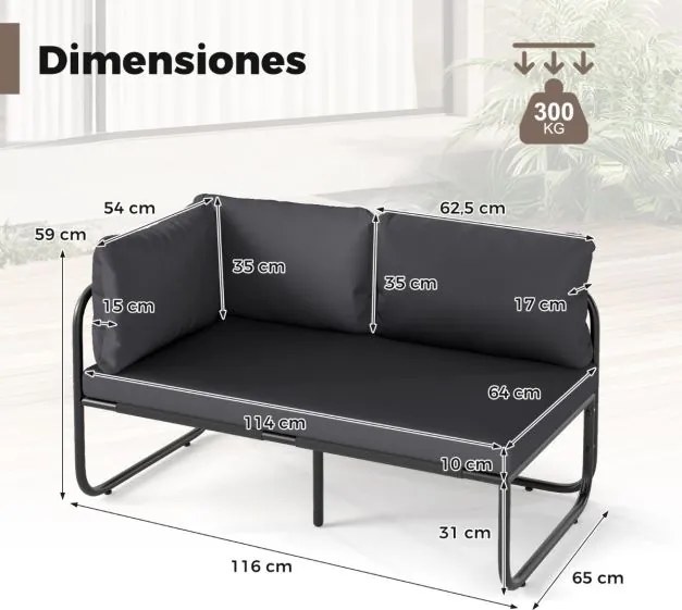 Sofá de jardim exterior 116 x 65 x 59 cm de 2 lugares com almofadas removíveis, apoios de braços laterais e estrutura em metal 116 x 65 x 59 cm cinzen
