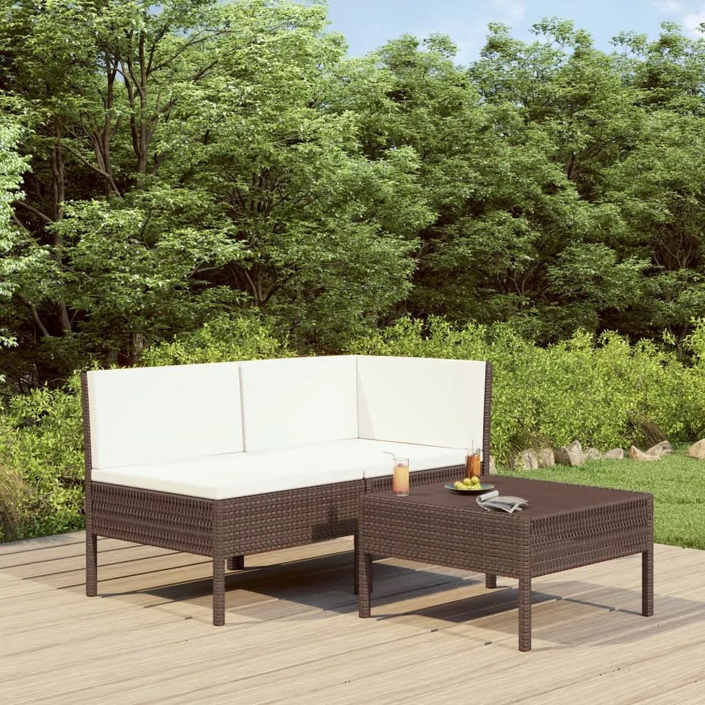 310185 vidaXL 3 pcs conjunto lounge jardim c/ almofadões vime PE castanho