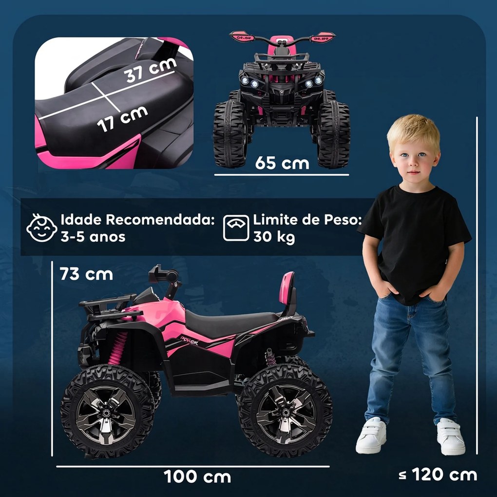 Moto 4 Elétrica Infantil 12V com 2 Motores, 3-8 km/h, Música, Faróis LED e USB, Rosa