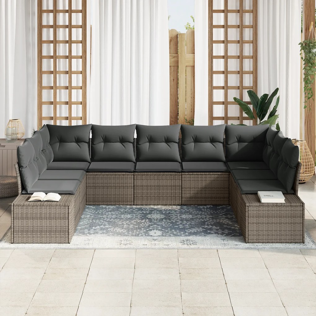 Conjunto de Sofá de 9 Peças com Almofadas Cinza Rattan Sintético