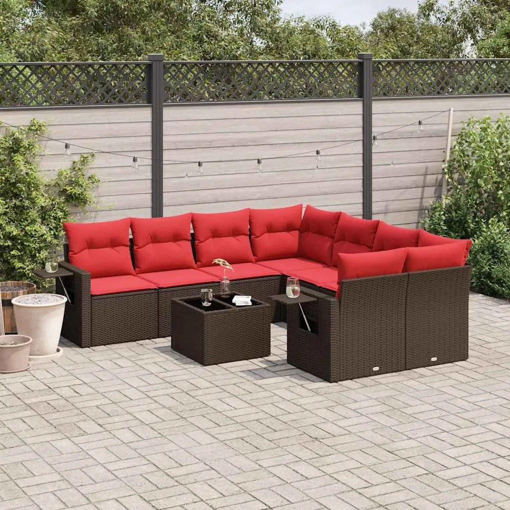 vidaXL 9 pcs conjunto sofás p/ jardim c/ almofadões vime PE castanho