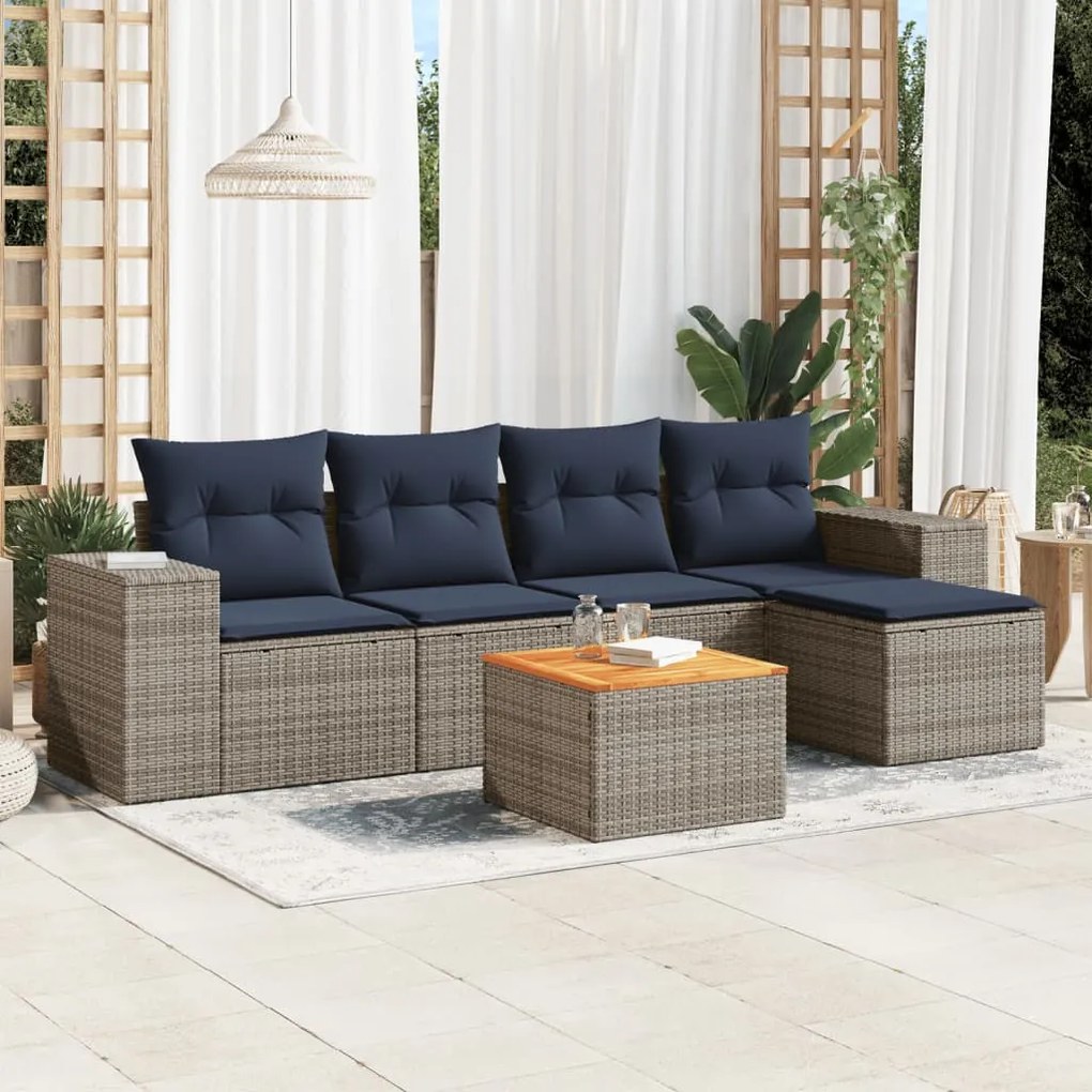 vidaXL 6 pcs conjunto sofás p/ jardim c/ almofadões vime PE cinzento