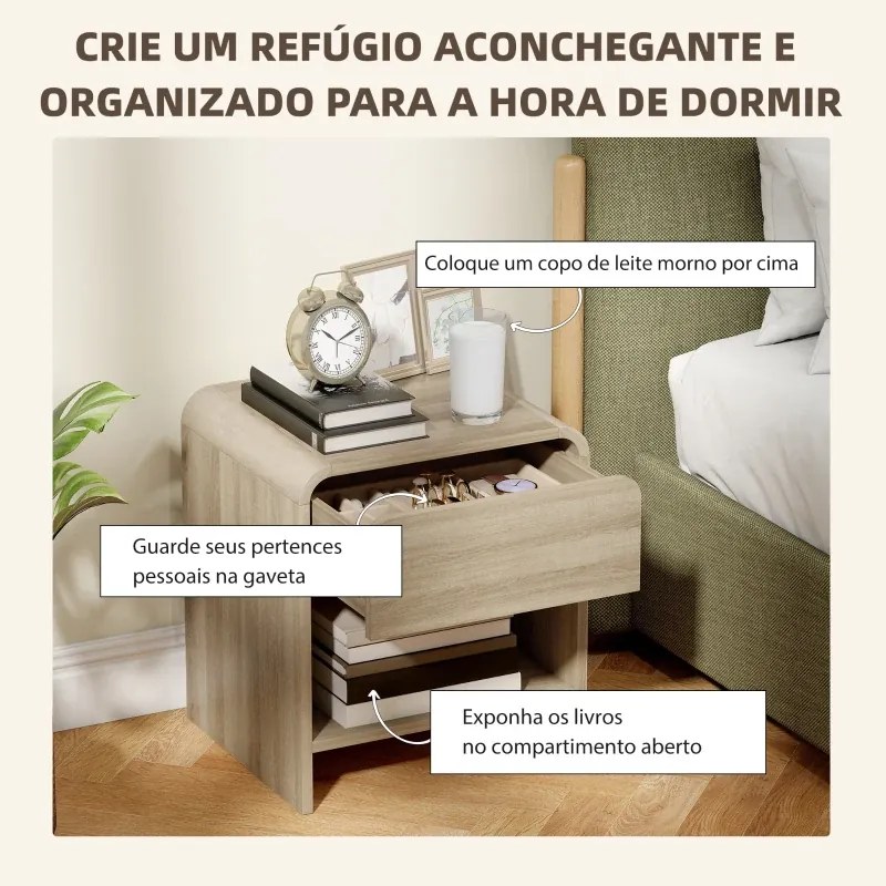 Conjunto de 2 Mesas de Cabeceira ou Mesas Apoio Nórdicas 40x35x45 cm com Cantos Arredondados Gaveta e Prateleira Aberta Madeira