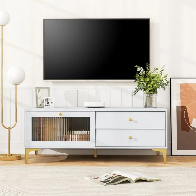 Móvel TV para televisões até 55'' com gaveta Porta de vidro temperado com aba e pernas de metal para sala de estar Branco