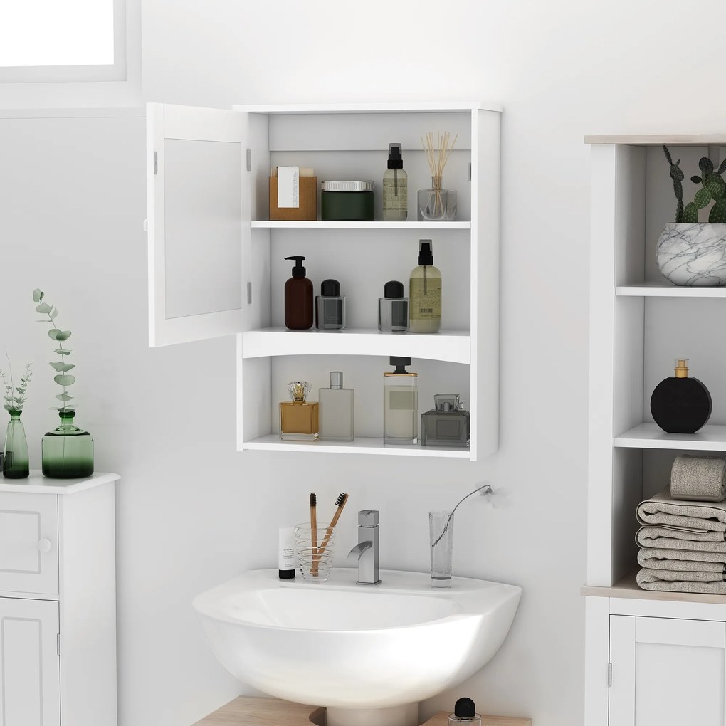 Armário Casa de Banho de Parede com Espelho 1 Porta Prateleira Interior Ajustável e Compartimento Aberto Armário Suspenso Multiuso para Cozinha Sala d