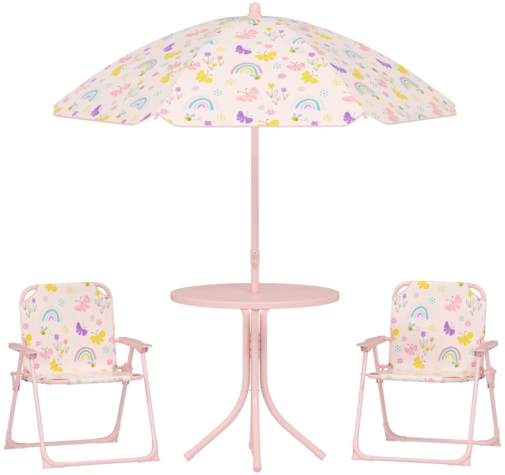 AIYAPLAY Conjunto de Mesa e Cadeiras para Crianças de Jardim com Cadeiras Dobráveis Chapéu de Sol Ajustável e Desenho de Raposas Rosa