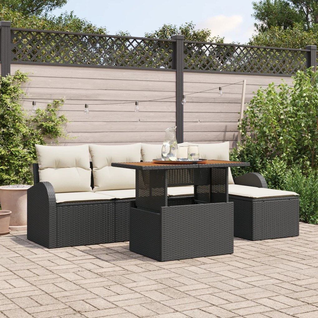 Conjunto de Sofás de Jardim de 6 Peças com Almofadas Preto Rattan Poli