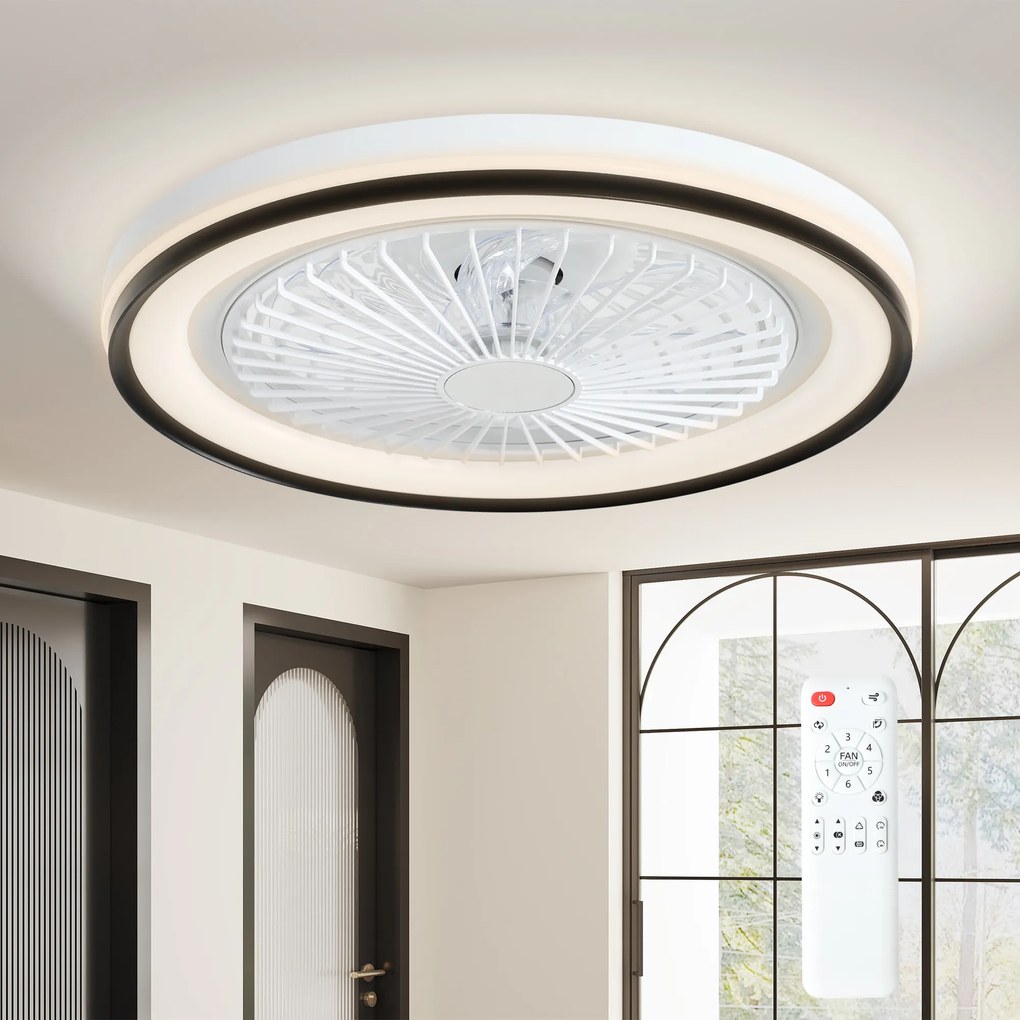HOMCOM Ventoinha de Teto com Luz LED 48,5 W Motor DC Reversível Silenciosa com Controlo Remoto 6 Velocidades Temporizador  Ø48x13 cm Branco