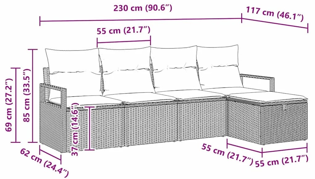 Conjunto de Sofá de Jardim de 5 Peças com Almofadas Bege Rattan PE