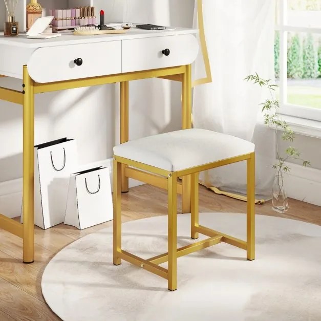 Banco de toucador 38 x 30 x 42 cm com almofada acolchoada e pernas de metal dourado para quarto, sala ou entrada Branco e dourado