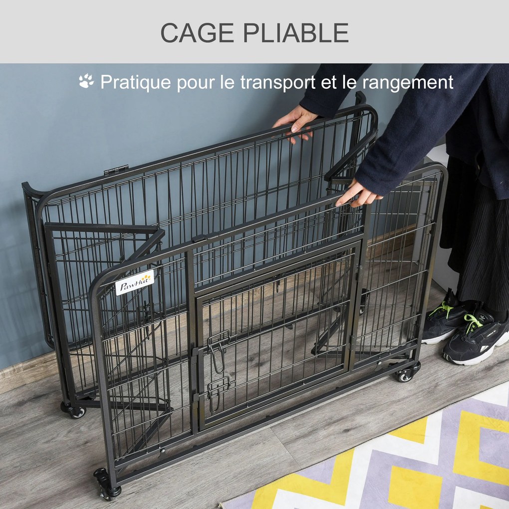 Gaiola dobrável para cães 94x 58 x 69,5 cm, gaiola de transporte com Rodas, 2 portas com fecho, tabuleiro removível metal cinzento-preto