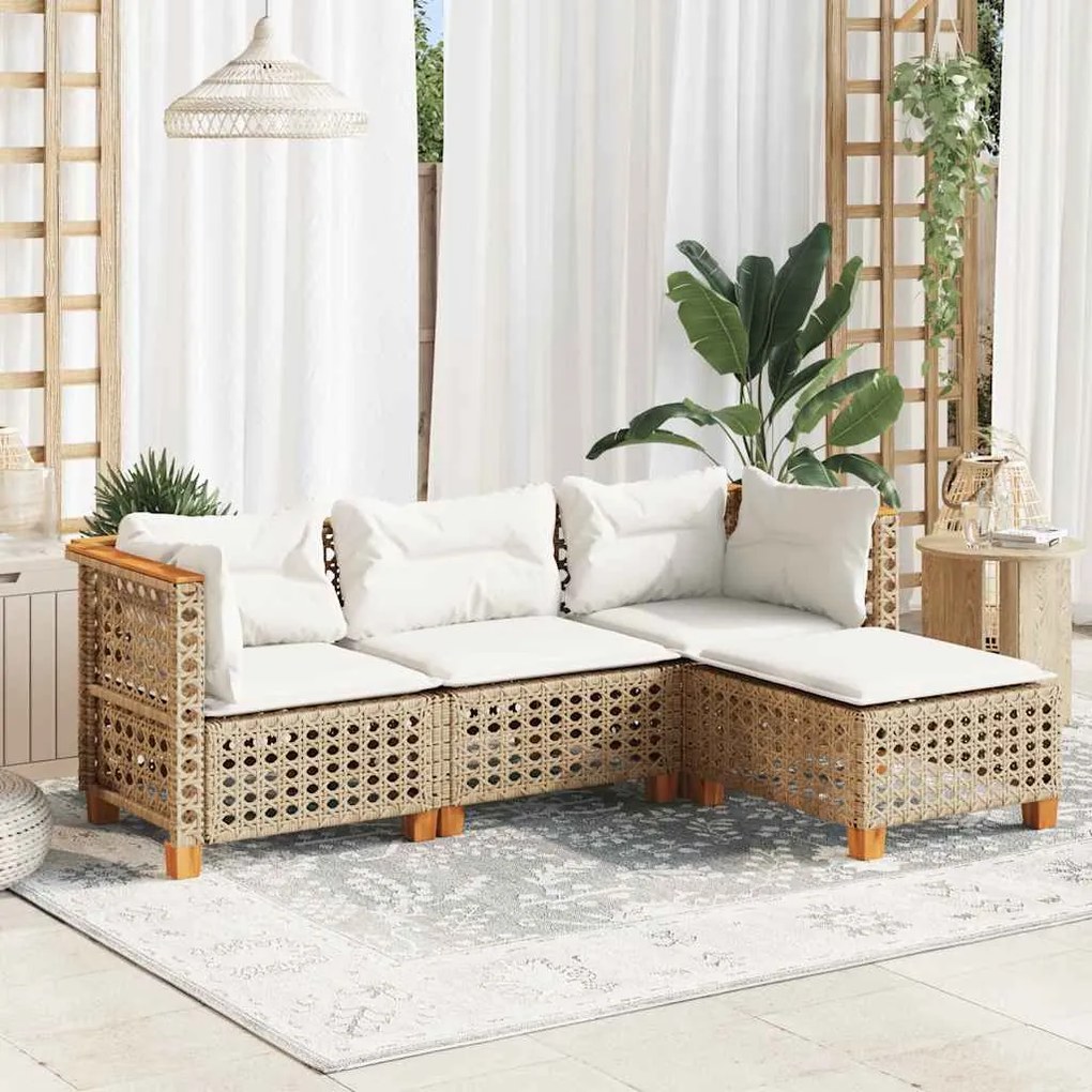 4 pcs conjunto de sofás para jardim c/ almofadões vime PE bege