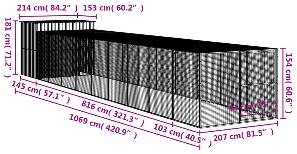 Casota p/ cães c/ parque 214x1069x181cm aço galvaniz. antracite
