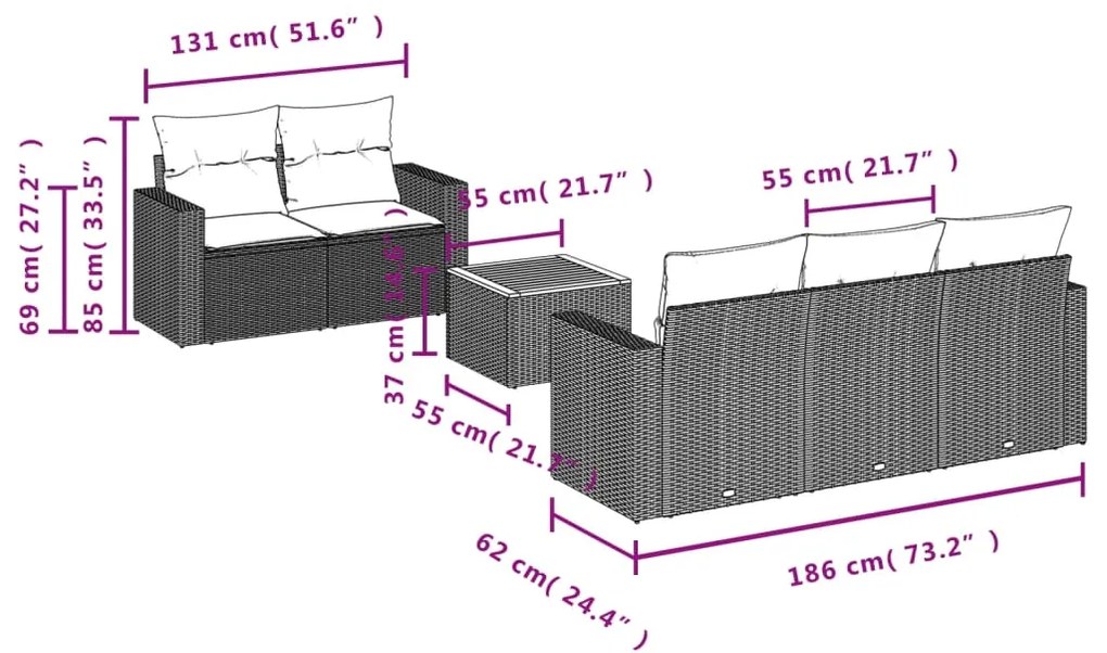 6 pcs conjunto sofás de jardim c/ almofadões vime PE preto