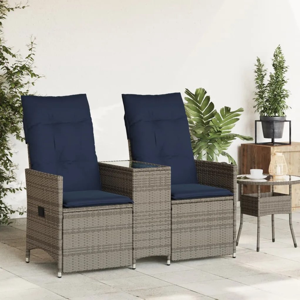 Sofá de jardim reclinável de 2 lugares com Mesa em vime sintético cinz