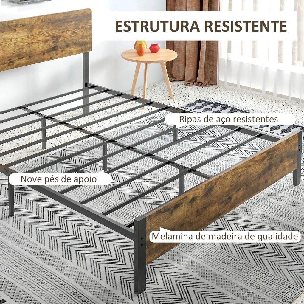 Estrutura de Cama Dupla com Ripas de Aço e Cabeceira de Madeira 149x197x104 cm Castanho Rústico e Preto