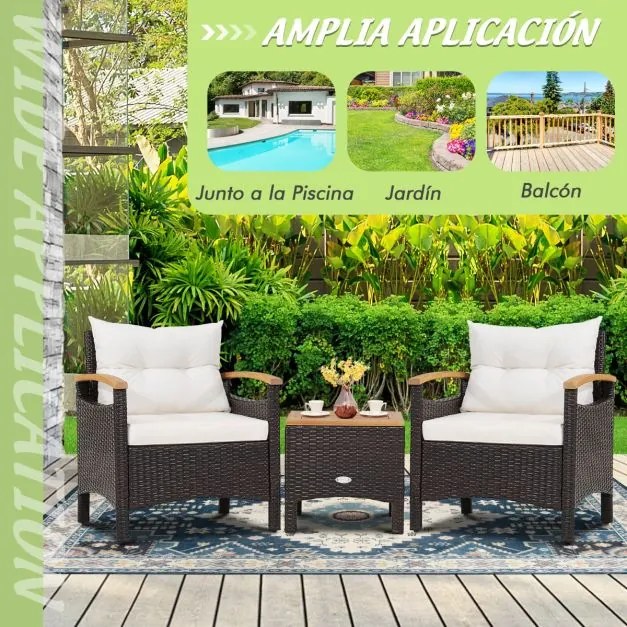 Conjunto jardim de 3 peças de mobiliário de jardim com mesa de centro Almofada amovível Apoio de braços em madeira de acácia para pátio Piscina Castan