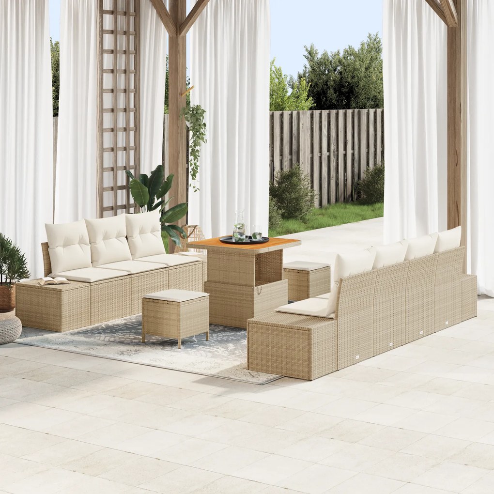 Conjunto de Sofá de Jardim vidaXL de 10 Peças com Almofadas Bege Rattan Poliéster Acácia
