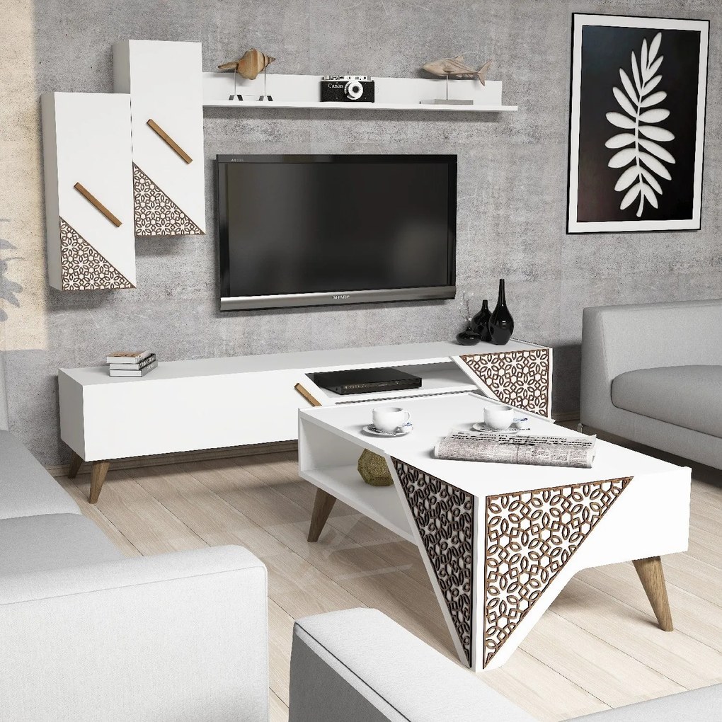Conjunto de Mobiliário de Sala Beril – Branco – TV Unit: 180x40x37 cm,