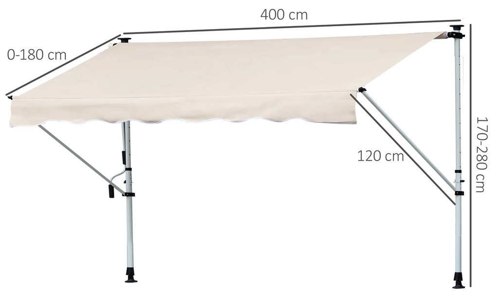 Outsunny Toldo Manual Retrátil para Exterior 400x120x170-280cm Toldo Enrolável Altura Ajustável com Manivela Proteção Solar para Terraço Balcão Jardim Marrom Claro