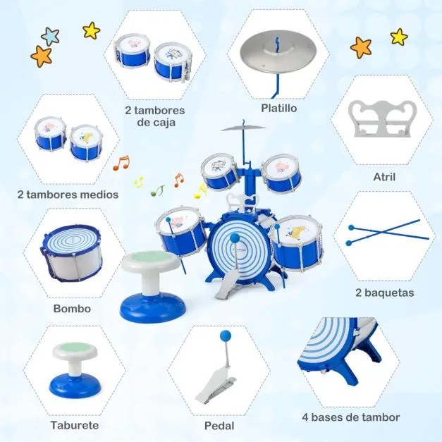 Conjunto de bateria infantil com 5 tambores jazz rock com bombo, 1 prato, 2 baquetas e 1 pedal para maiores de 3 anos. Azul