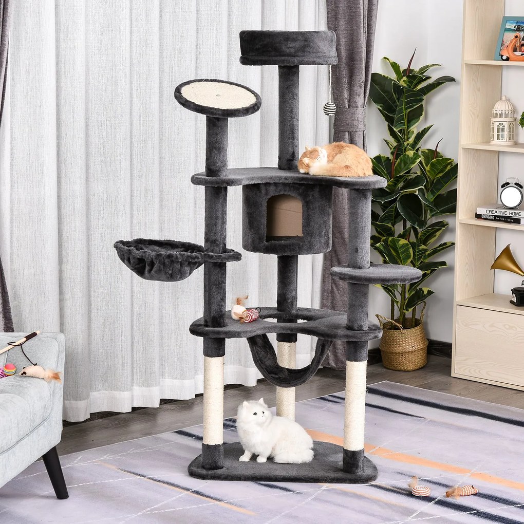 Árvore de gato estável com postes Raspador Pelúcia sisal 65x50x155 cinza escuro