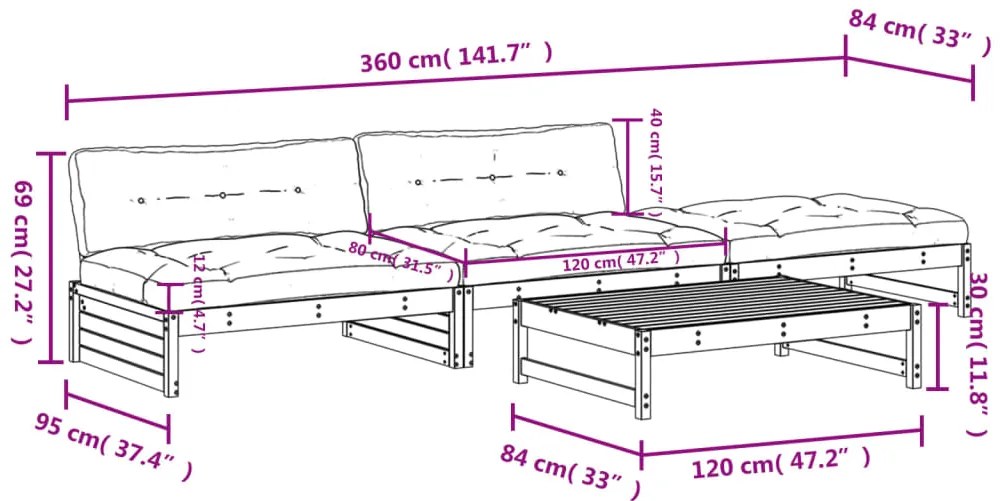 4 pcs conjunto lounge de jardim c/ almofadões pinho impregnado